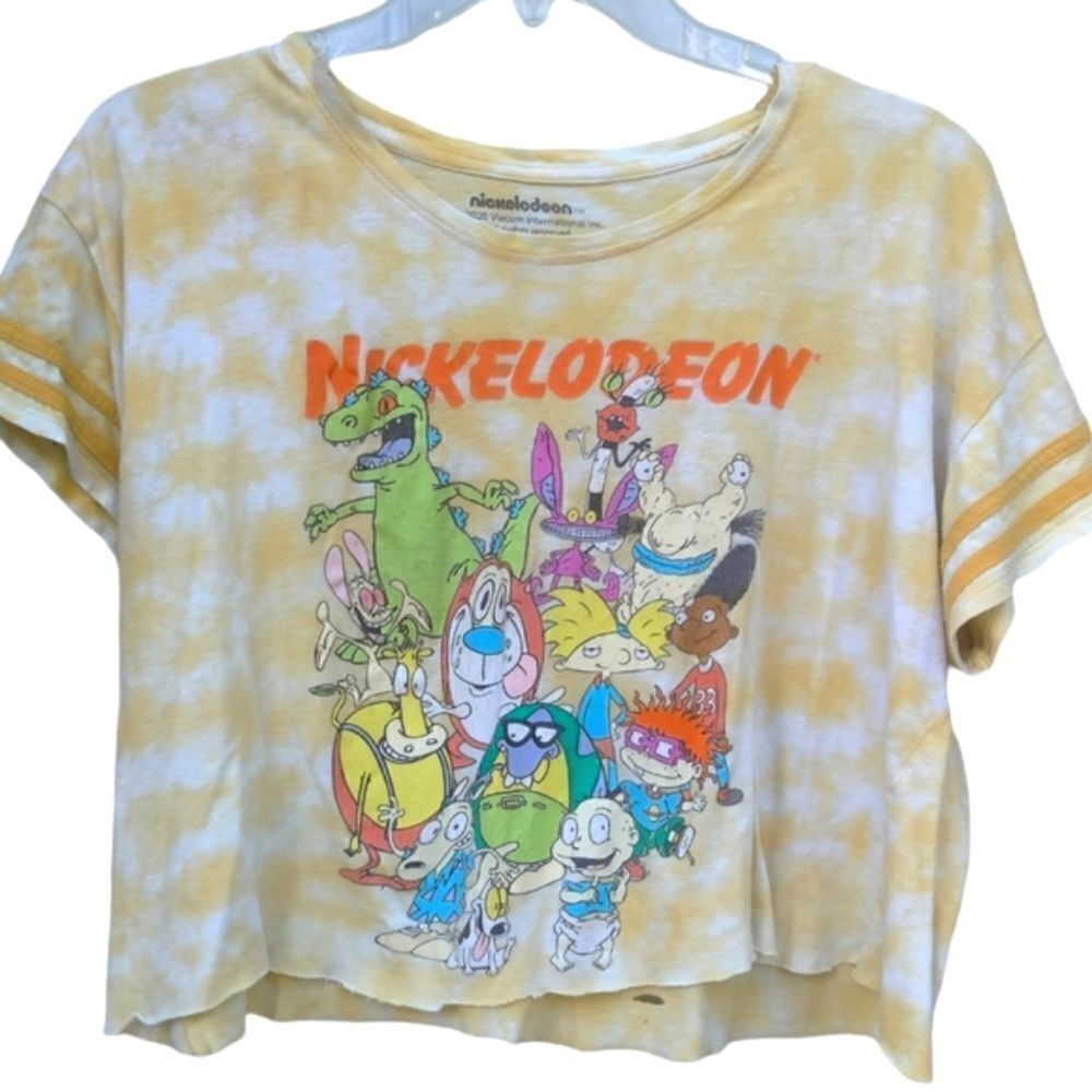 Nickelodeon Tee Shirt Short Sleeve Size L Cropped Ragged Hem Yellow and White